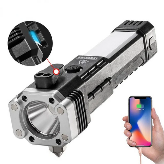 4-in-1 Super Bright Flashlight, Safety Hammer Lifesaving, USB Charging, Portable Camping Torch